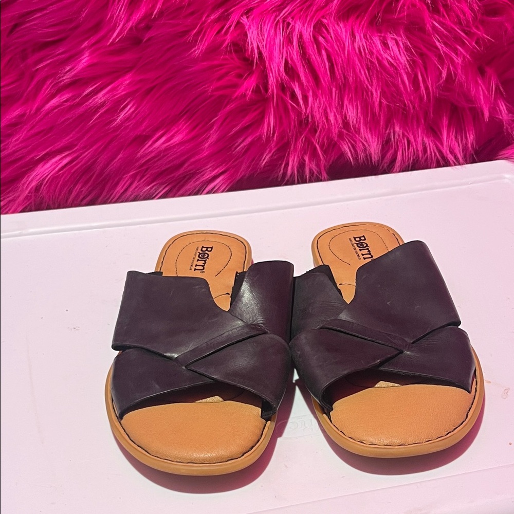 Born Black Leather Crisscross Leather Slide Sandals